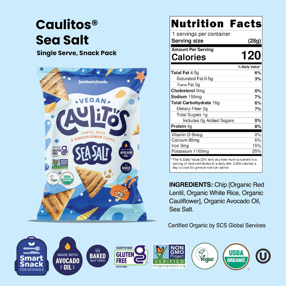 Caulitos Sea Salt Chips – 15 Pack | Organic Lentil, Rice & Cauliflower, Baked with Avocado Oil