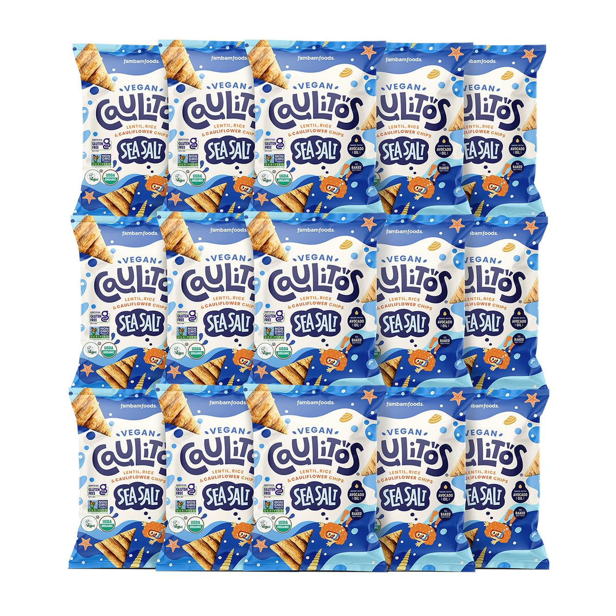 Caulitos Sea Salt Chips – 15 Pack | Organic Lentil, Rice & Cauliflower, Baked with Avocado Oil