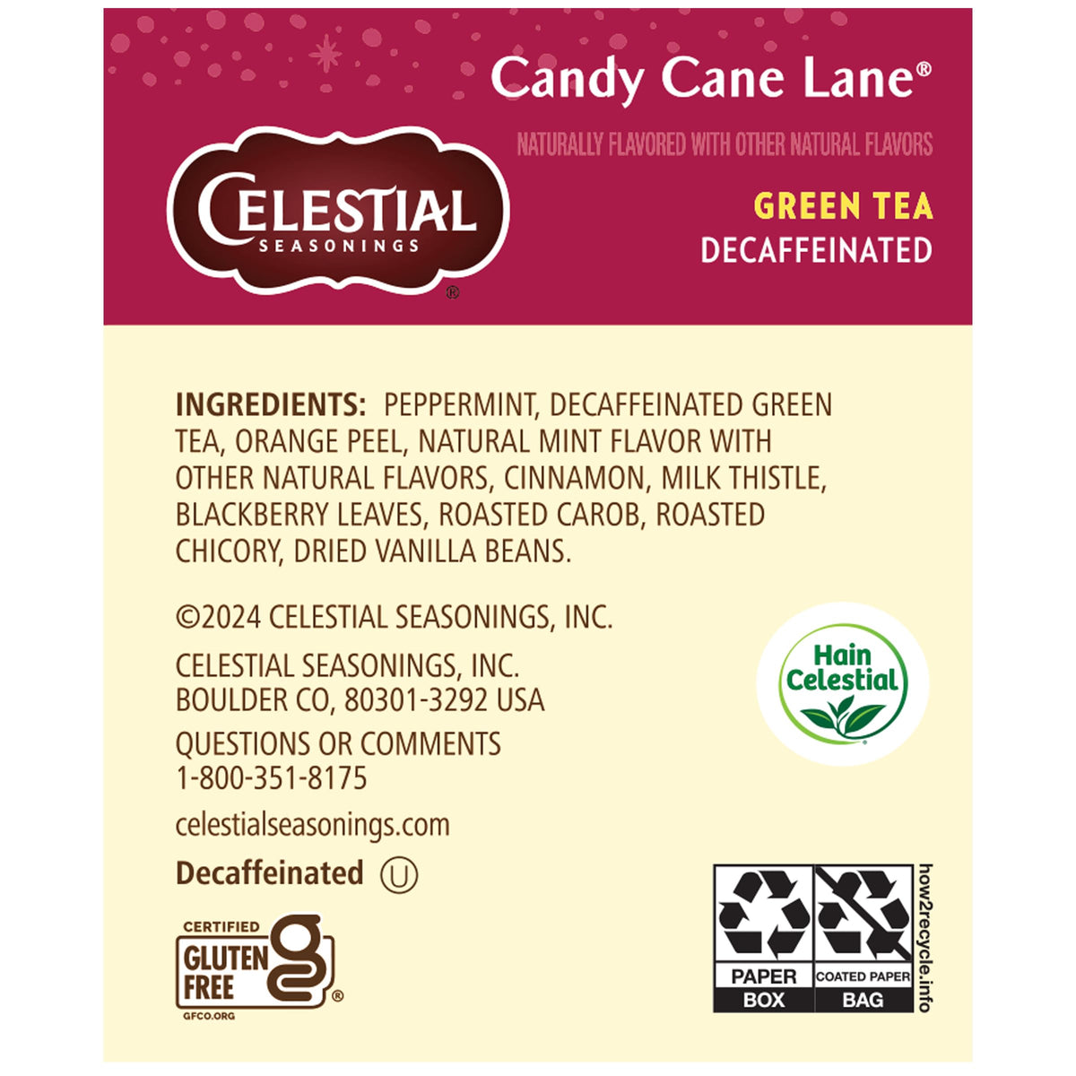 Celestial Seasonings Green Tea Candy Cane Lane Decaf — 18 Count Boxes (Pack of 6)