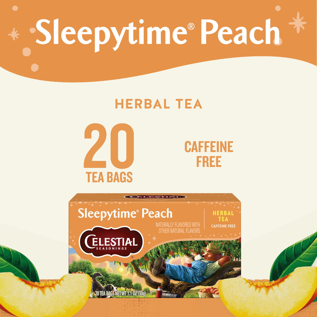 Celestial Seasonings Sleepytime Peach Herbal Tea – Caffeine-Free Sleep Tea, 20 Tea Bags Per Box, Pack of 6