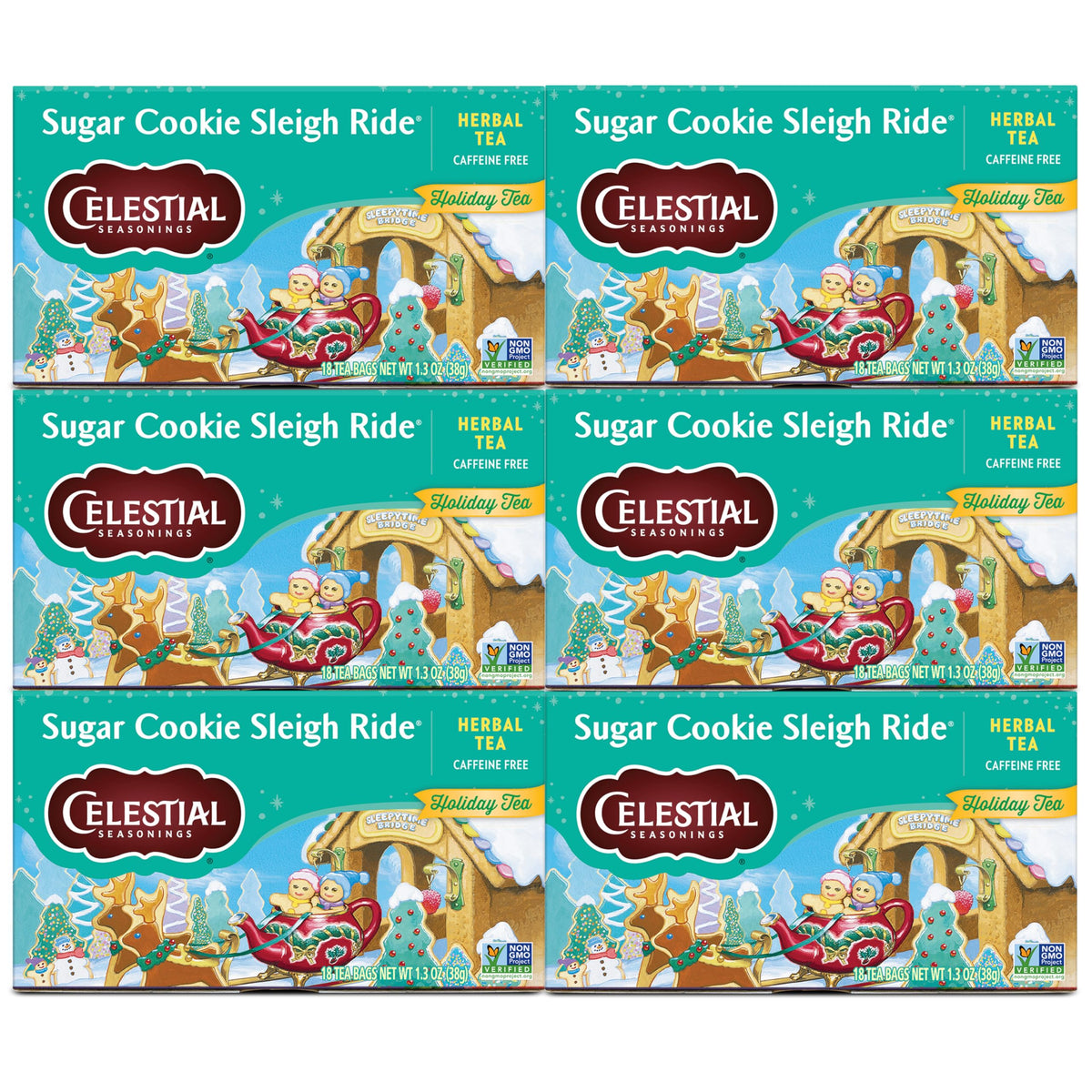 Celestial Seasonings Sugar Cookie Sleigh Ride Herbal Tea — Six 18-Count Boxes, Caffeine-Free