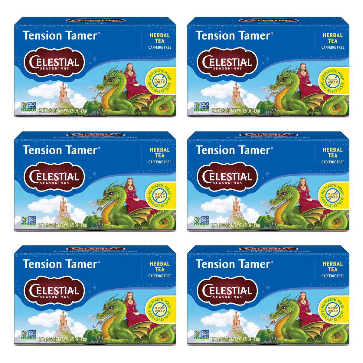 Celestial Seasonings Tension Tamer Herbal Tea - Caffeine Free, 20 Tea Bags (Pack of 6) | Calming Peppermint, Ginger & Lemon