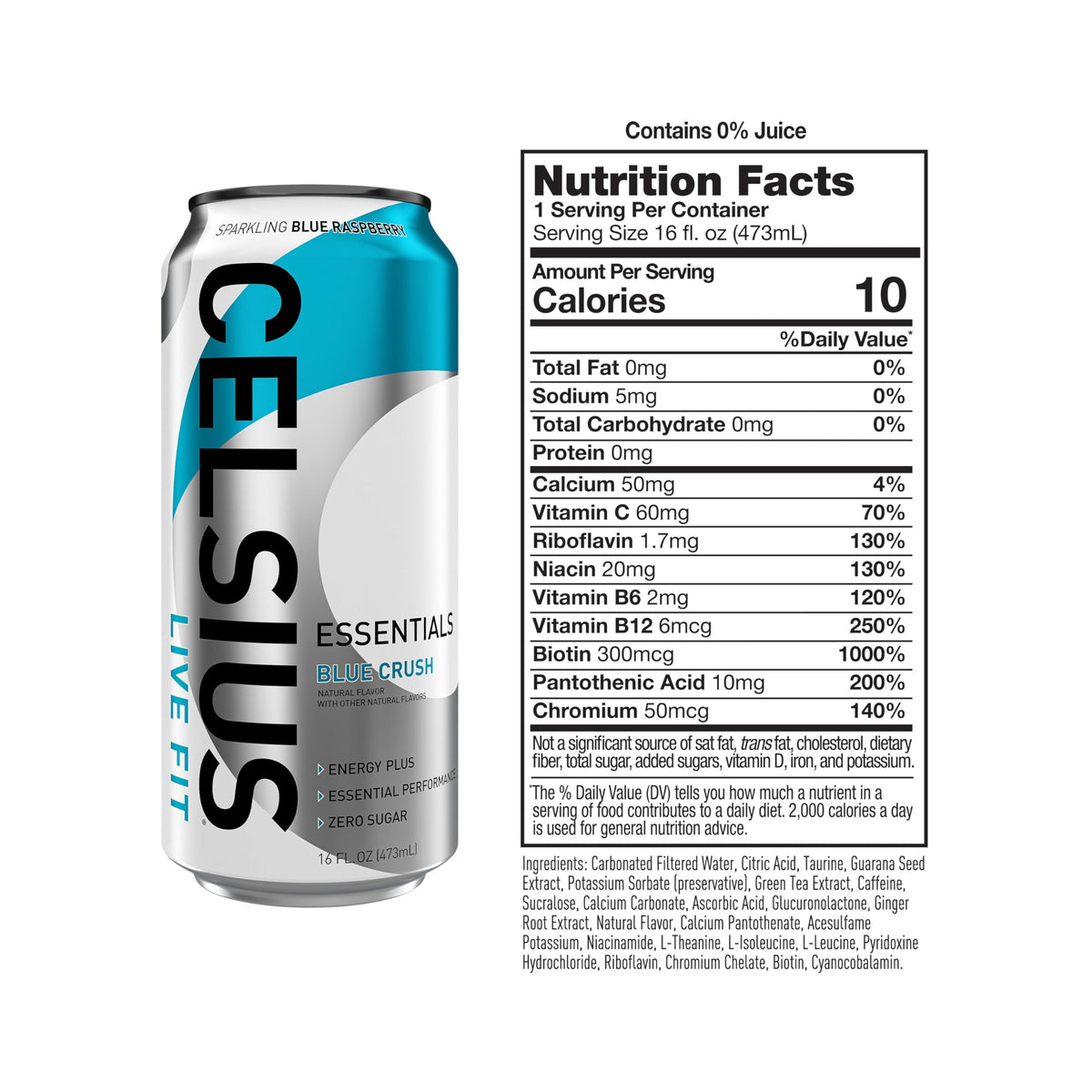 CELSIUS ESSENTIALS Sparkling Blue Crush – Sugar Free Performance Energy Drink, 16 Fl Oz (Pack of 12)