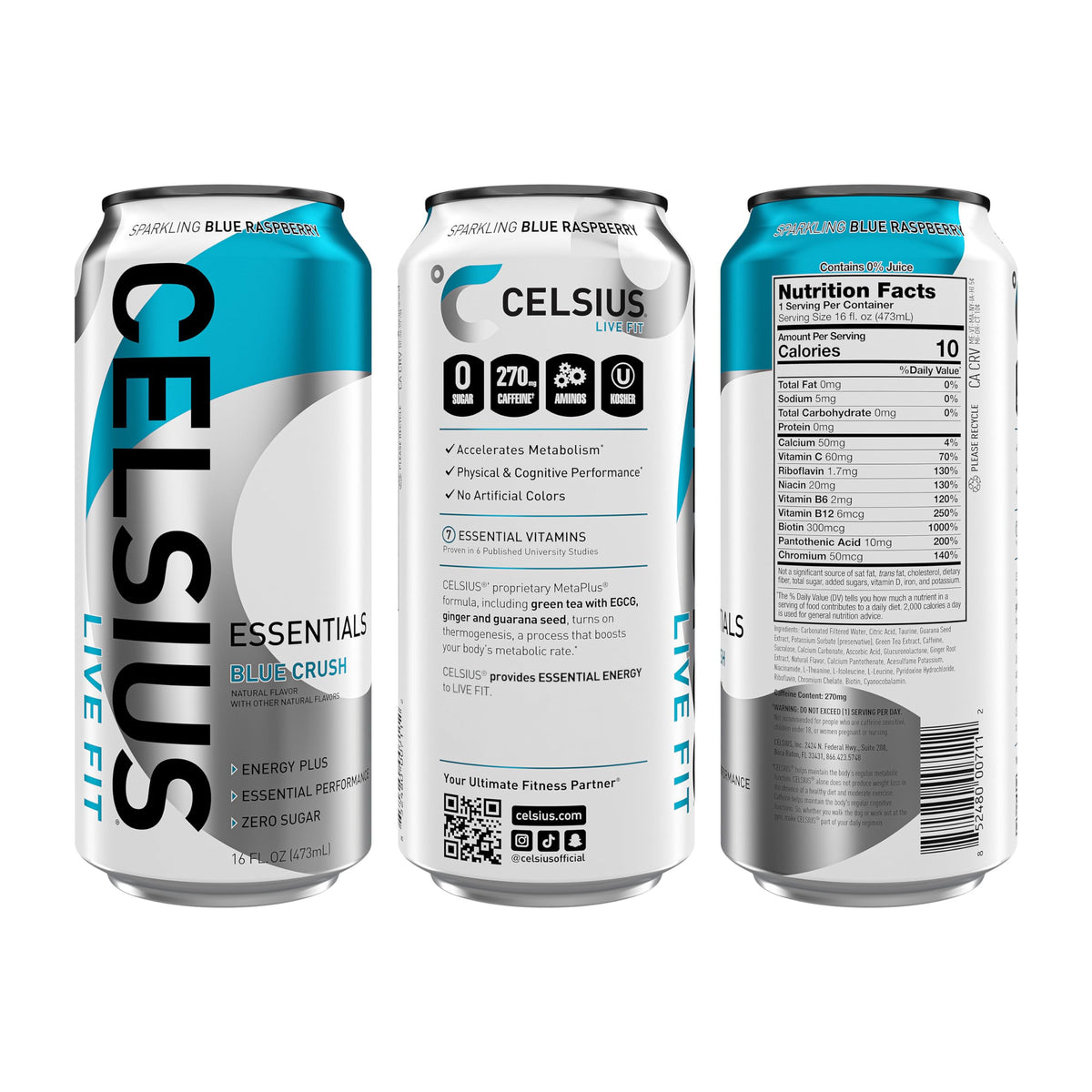 CELSIUS ESSENTIALS Sparkling Blue Crush – Sugar Free Performance Energy Drink, 16 Fl Oz (Pack of 12)