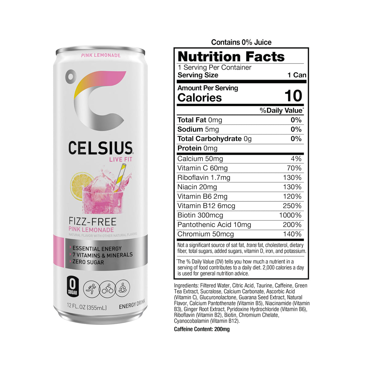 CELSIUS Fizz Free Pink Lemonade – Sugar Free Energy Drink, 12 Pack