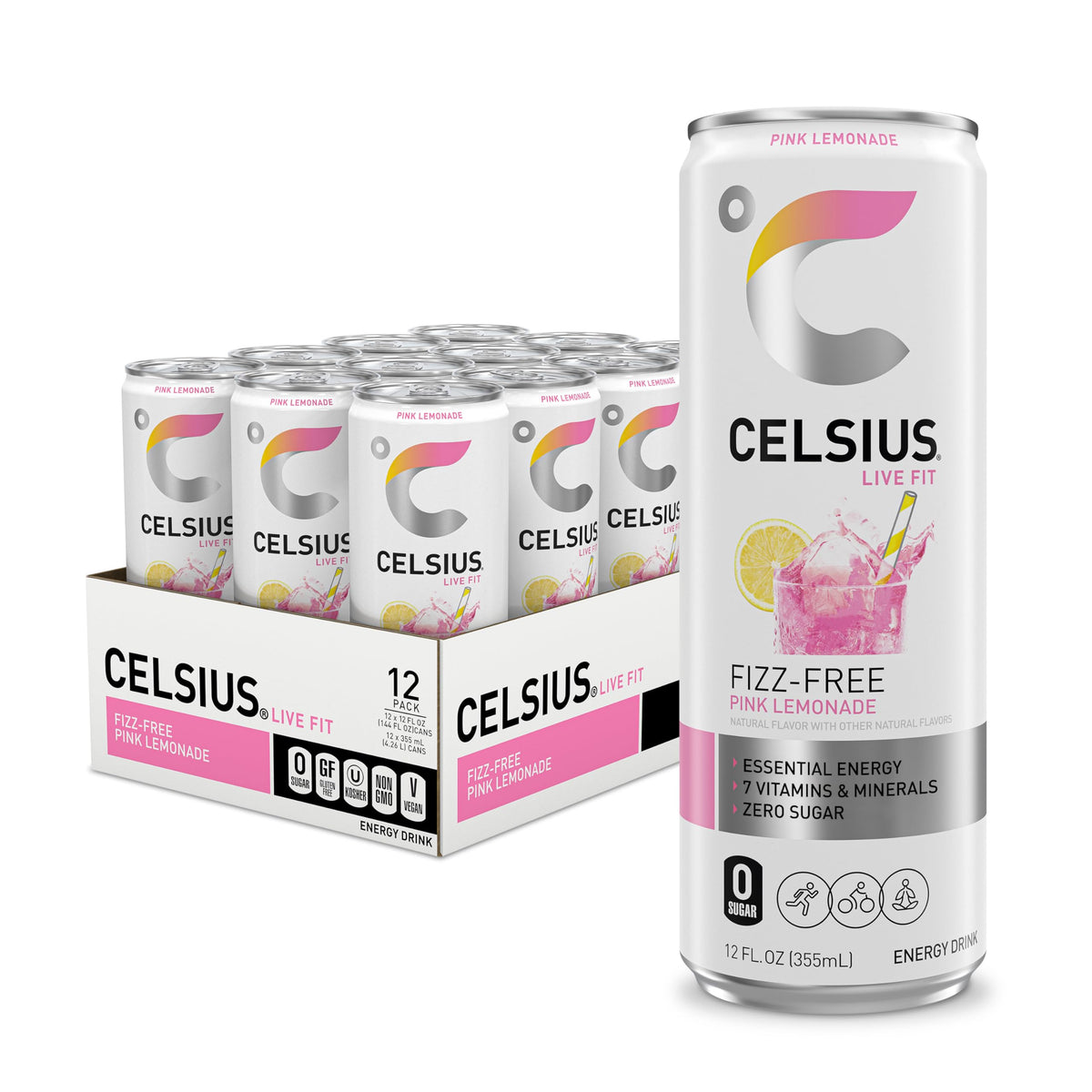 CELSIUS Fizz Free Pink Lemonade – Sugar Free Energy Drink, 12 Pack