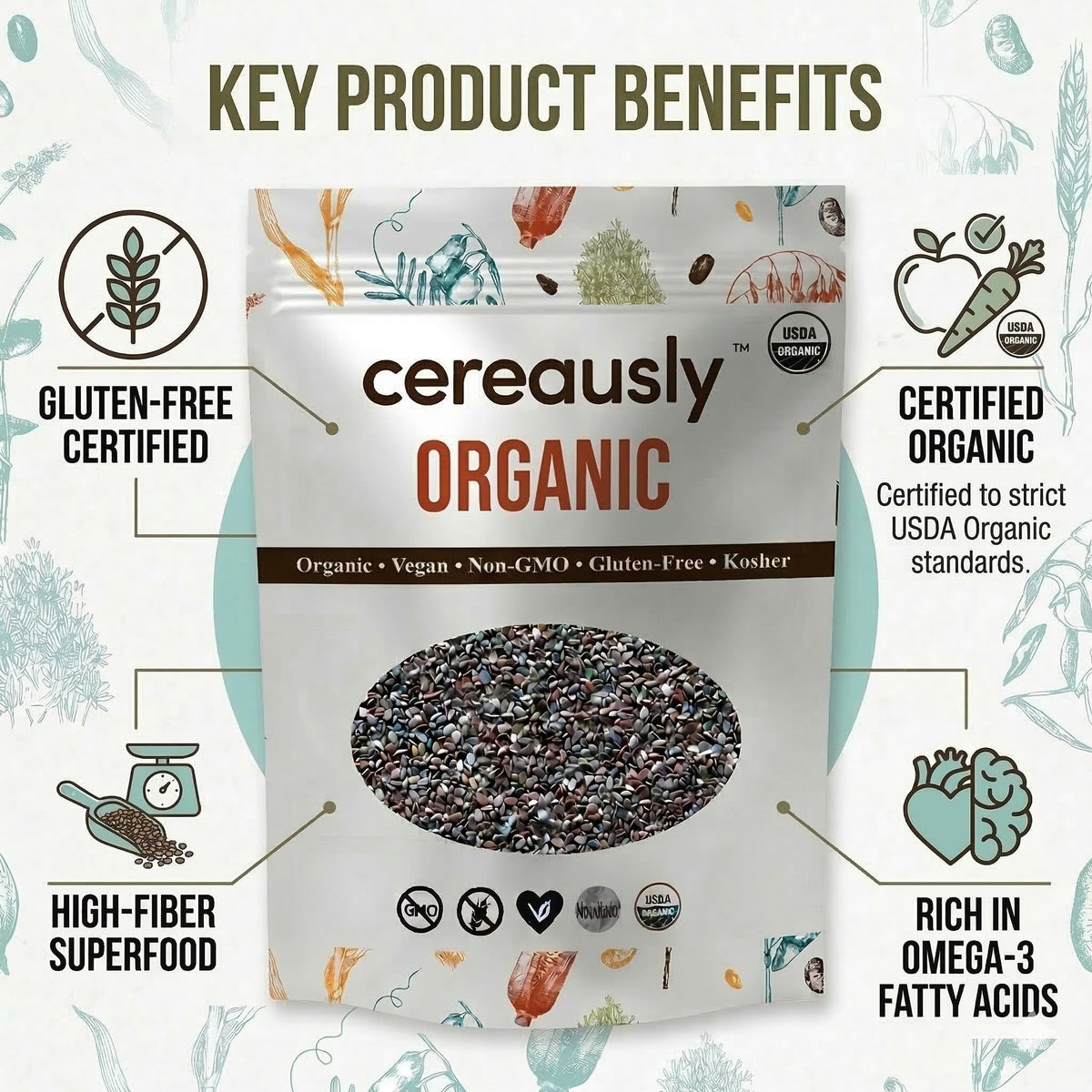 Cereausly Organic Black Chia Seeds 4 lb – High Fiber & Omega-3