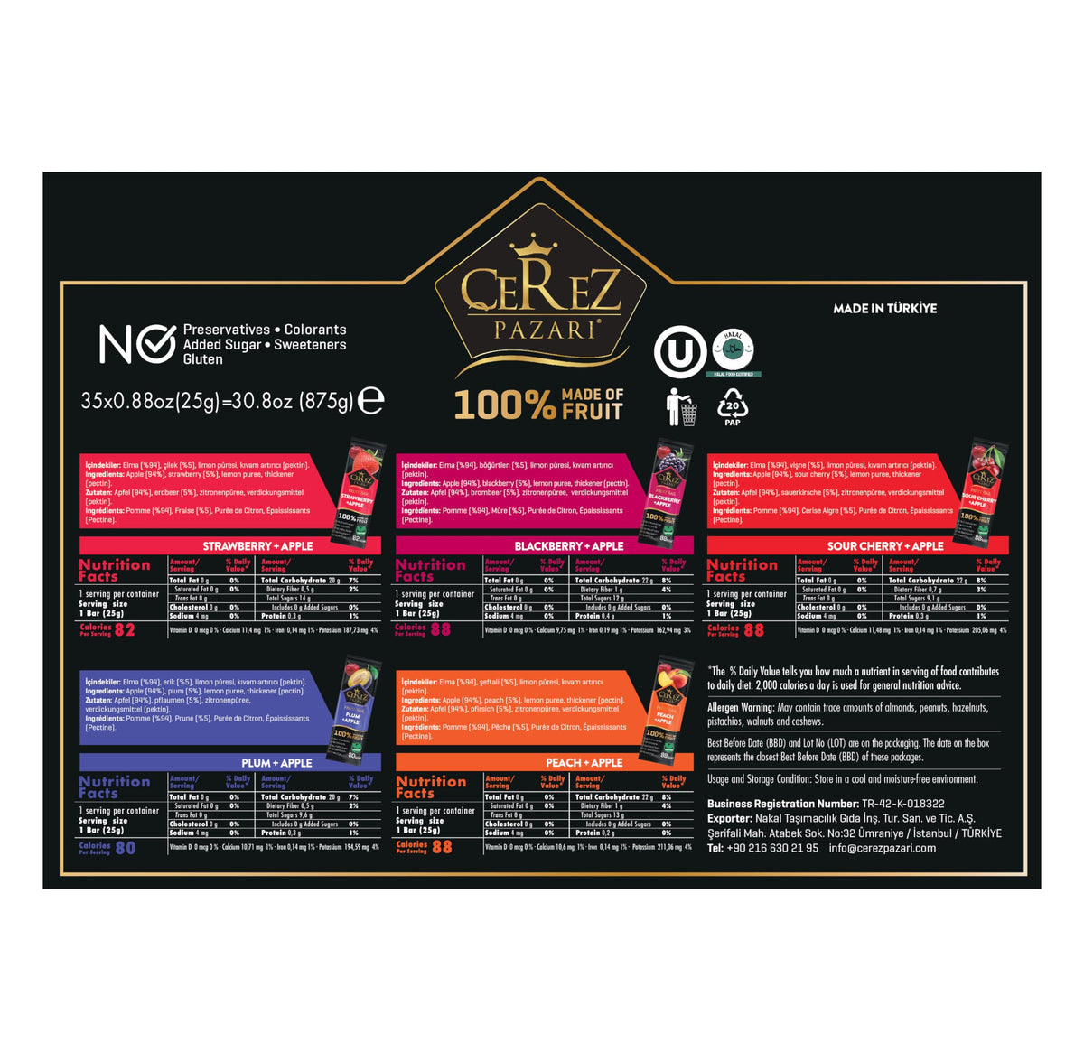 Cerez Pazari Fruit Leather Snacks Variety Pack – Vegan & Gluten-Free, 35 x 25g