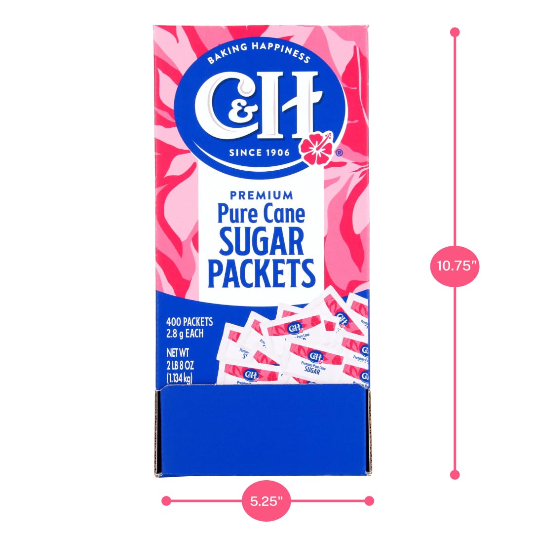 C&H Premium Pure Cane Sugar Packets – 400 Count, 0.10 oz, Non-GMO, Dispenser Box