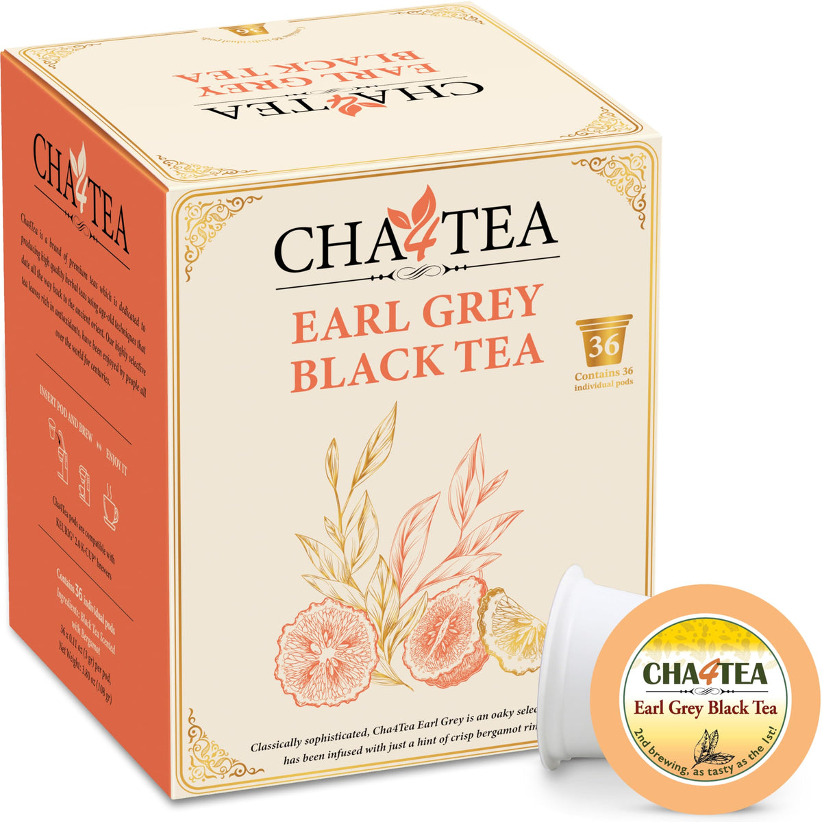 Cha4TEA 36-Count Earl Grey Tea Pods | Keurig K-Cup Compatible, Bergamot Black Tea