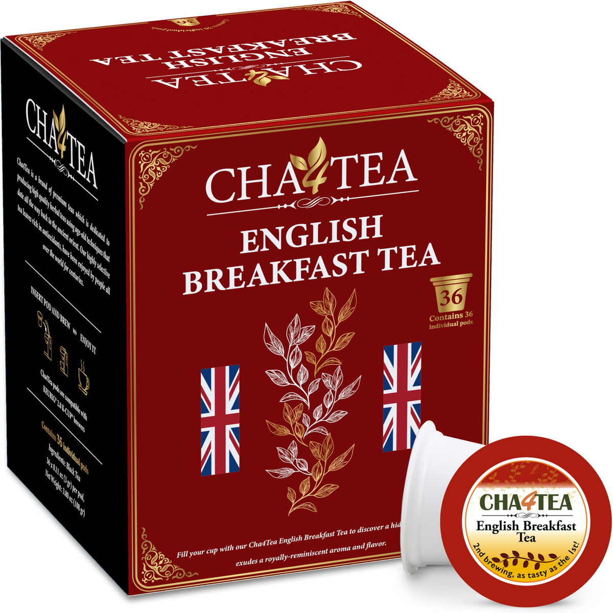 Cha4TEA 36-Count English Breakfast Tea for Keurig K-Cup | Bold, 100% Natural Black Tea