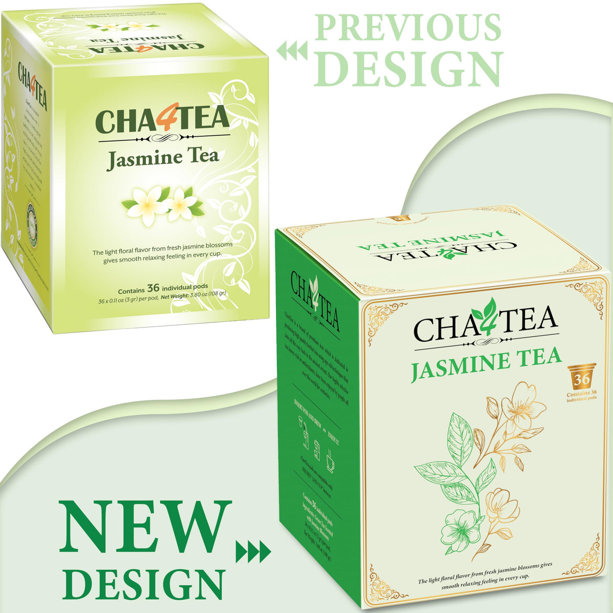 Cha4TEA Jasmine Green Tea Pods – 36-Count for Keurig K-Cups (Hot or Iced)