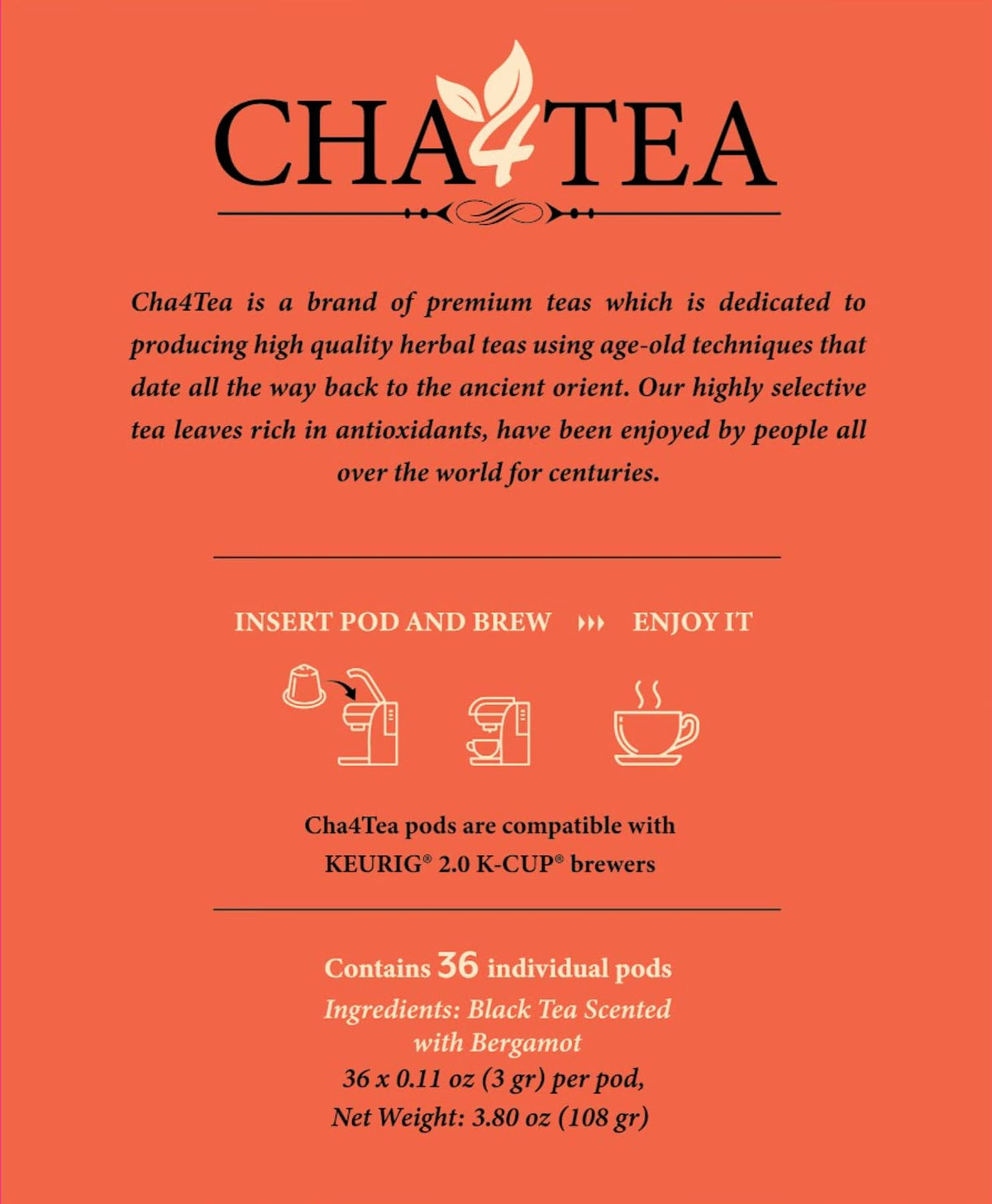 Cha4TEA 36-Count Earl Grey Tea Pods | Keurig K-Cup Compatible, Bergamot Black Tea