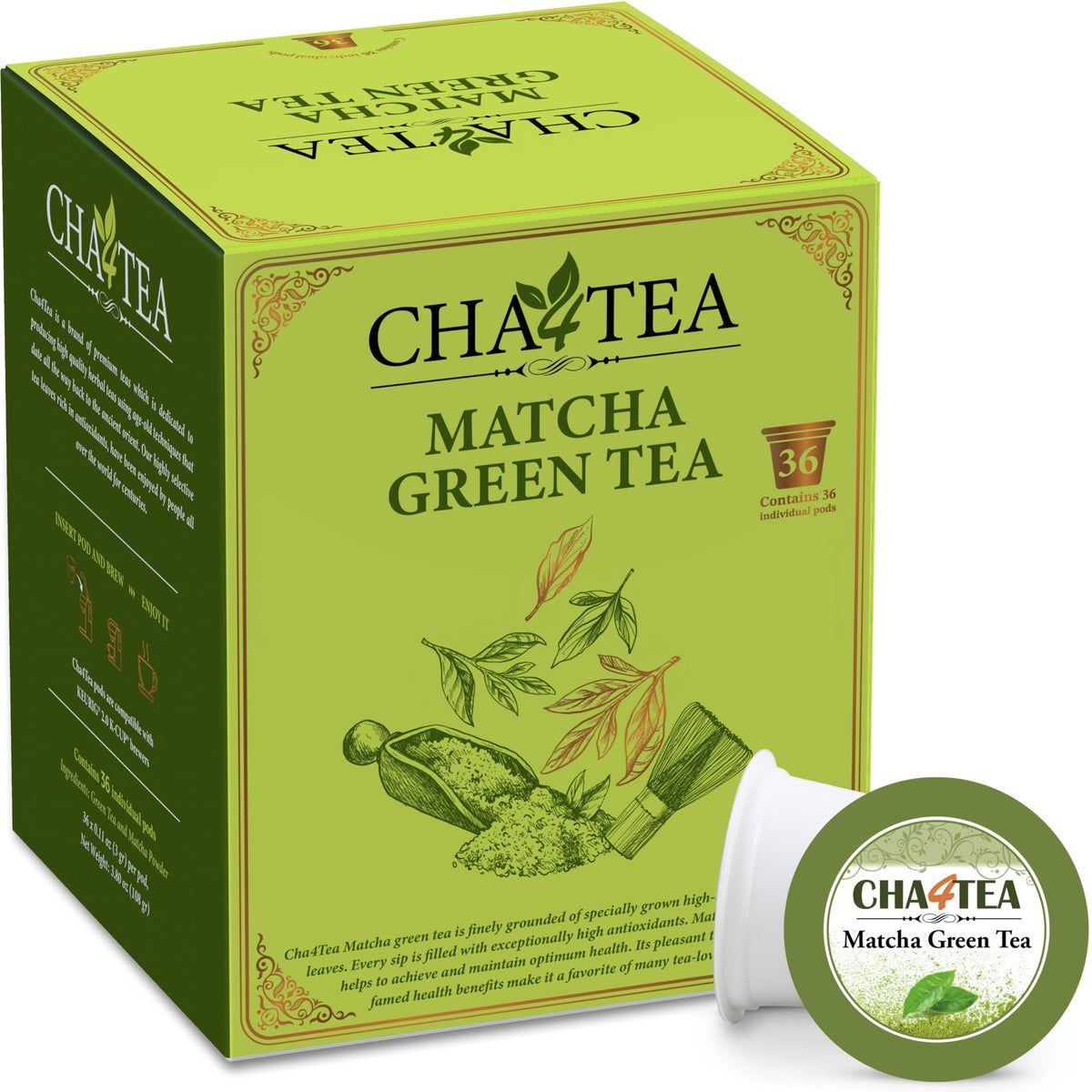 Cha4TEA 36-Count Matcha Green Tea Pods for Keurig – Authentic Japanese Matcha