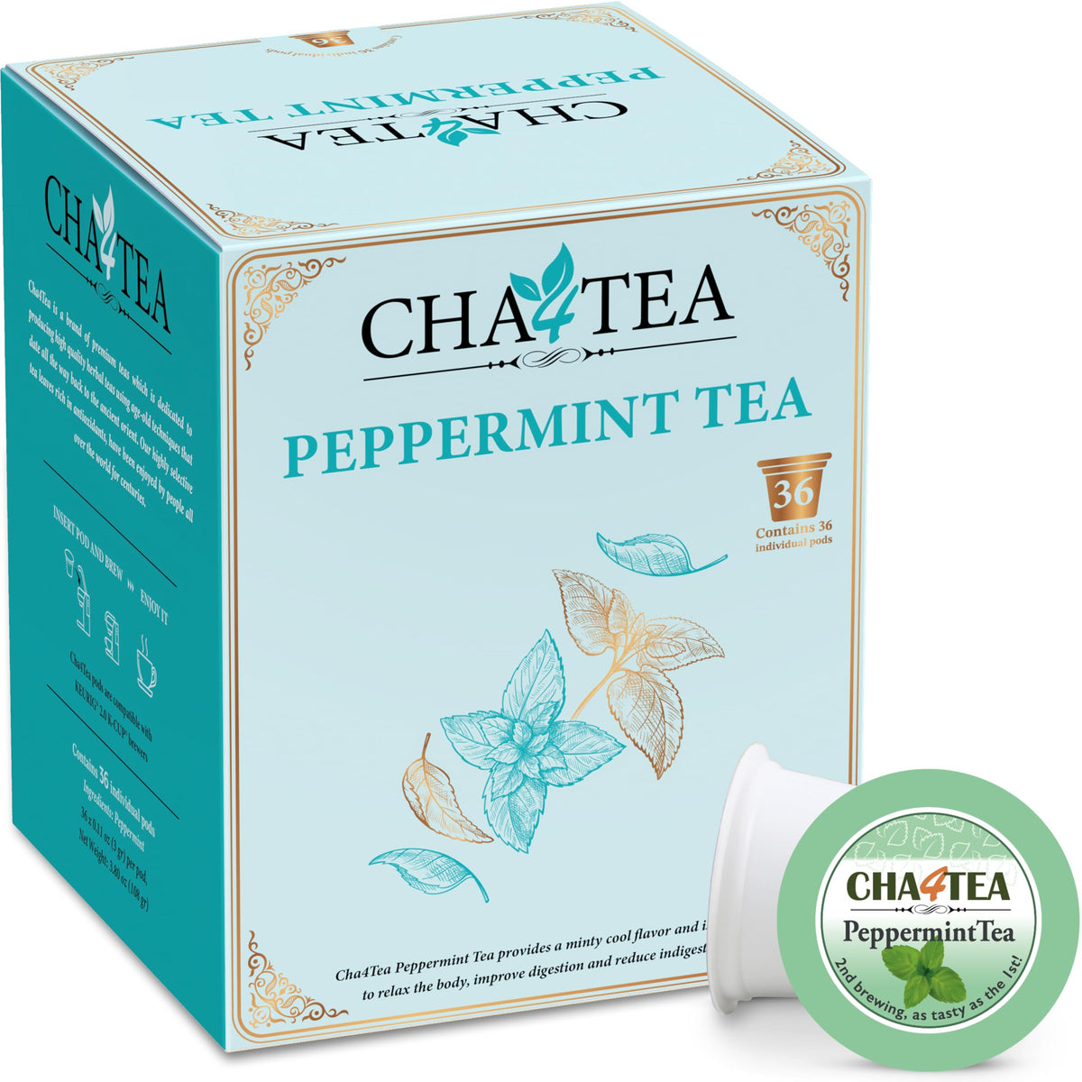 Cha4TEA 36-Count Peppermint Herbal Tea Pods for Keurig Brewers | Caffeine-Free Refresh