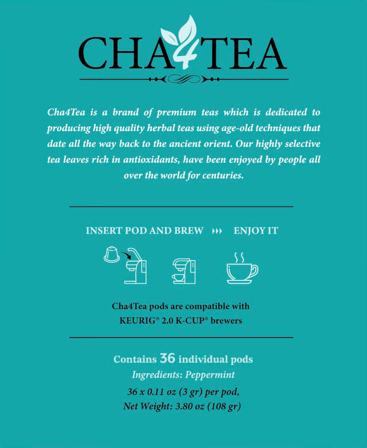 Cha4TEA 36-Count Peppermint Herbal Tea Pods for Keurig Brewers | Caffeine-Free Refresh