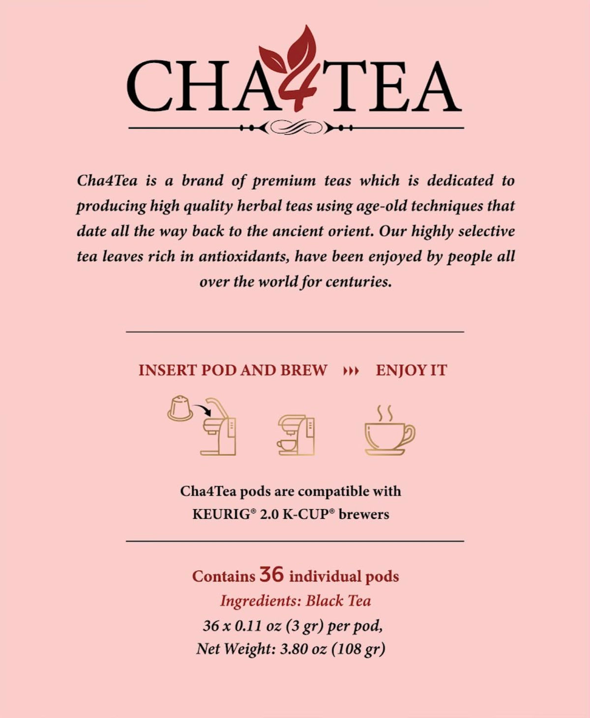 Cha4TEA 36-Count Black Tea Pods for Keurig K-Cup Brewers | Hot or Iced