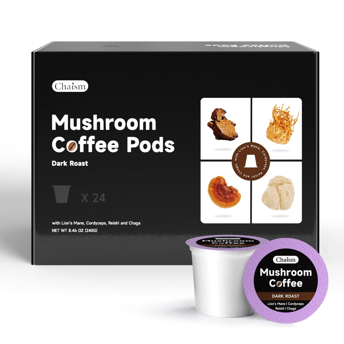 Chaism Mushroom Coffee Pods – Arabic Coffee with Lion's Mane, Cordyceps, Reishi & Chaga | Sugar-Free, Fat-Free, Dark Roast