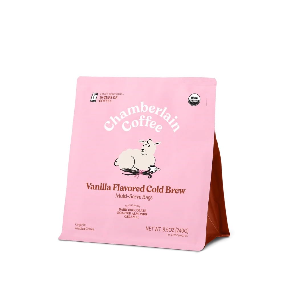 Chamberlain Coffee Organic Vanilla Cold Brew Bags | Premeasured & Ready to Brew | Makes 4 Cups per Bag | 8.5 oz