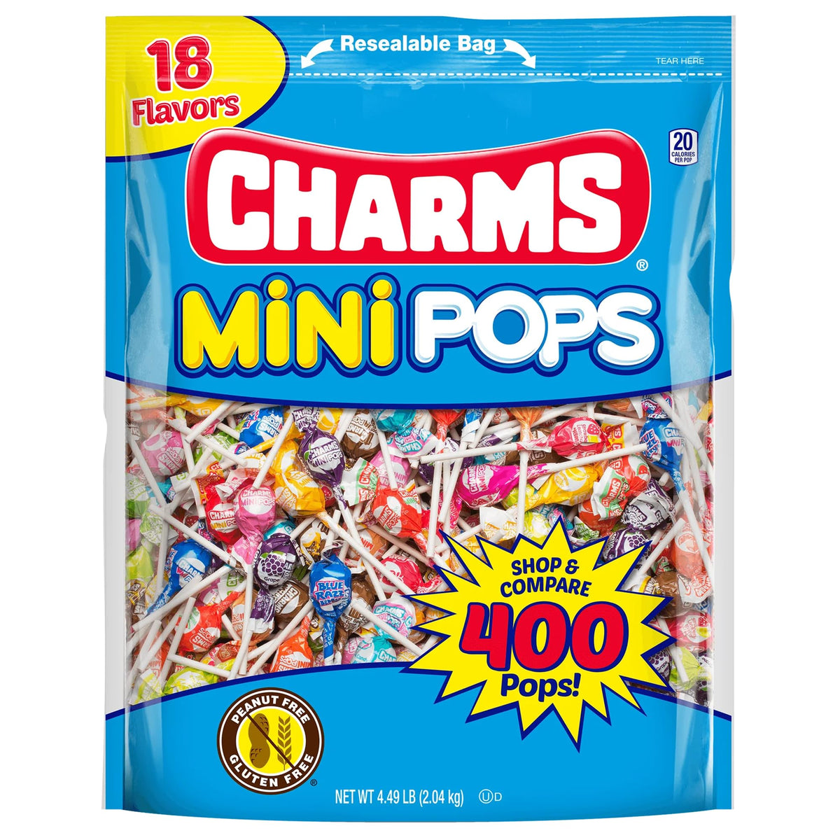 Charms Mini Pops – 4.5 lb Bag of 400 Fruity Hard Candy Lollipops in 18 Flavors | Gluten Free & Peanut Free | Tootsie Roll