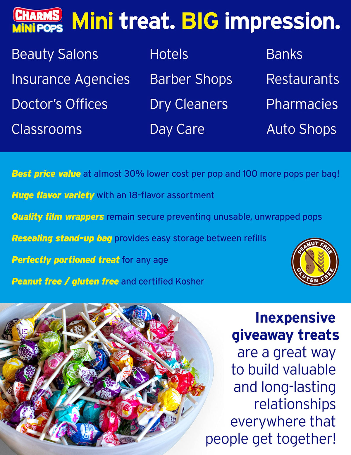 Charms Mini Pops – 4.5 lb Bag of 400 Fruity Hard Candy Lollipops in 18 Flavors | Gluten Free & Peanut Free | Tootsie Roll