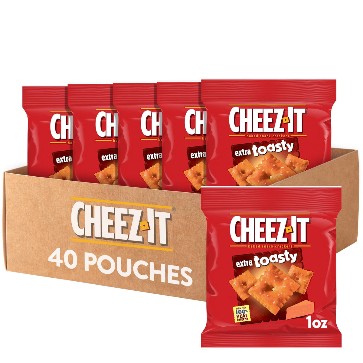 Cheez-It Extra Toasty Cheese Crackers – 40 Pouches, Single-Serve Baked Snack Crackers