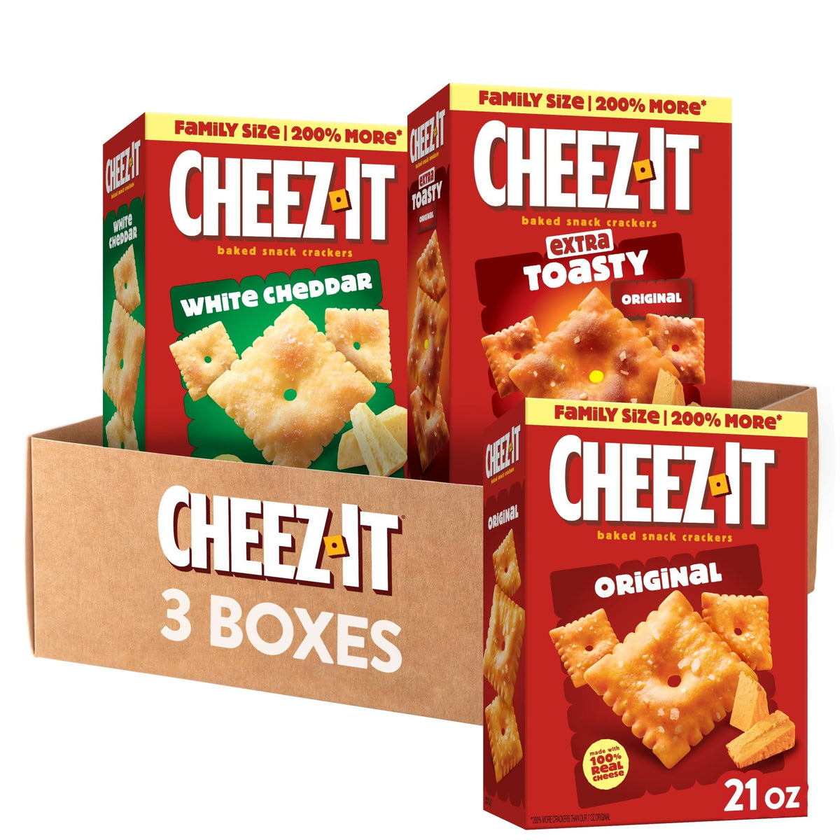 Cheez-It Cheese Crackers Variety Pack – Original, White Cheddar & Extra Toasty (3 Boxes) | Family Size