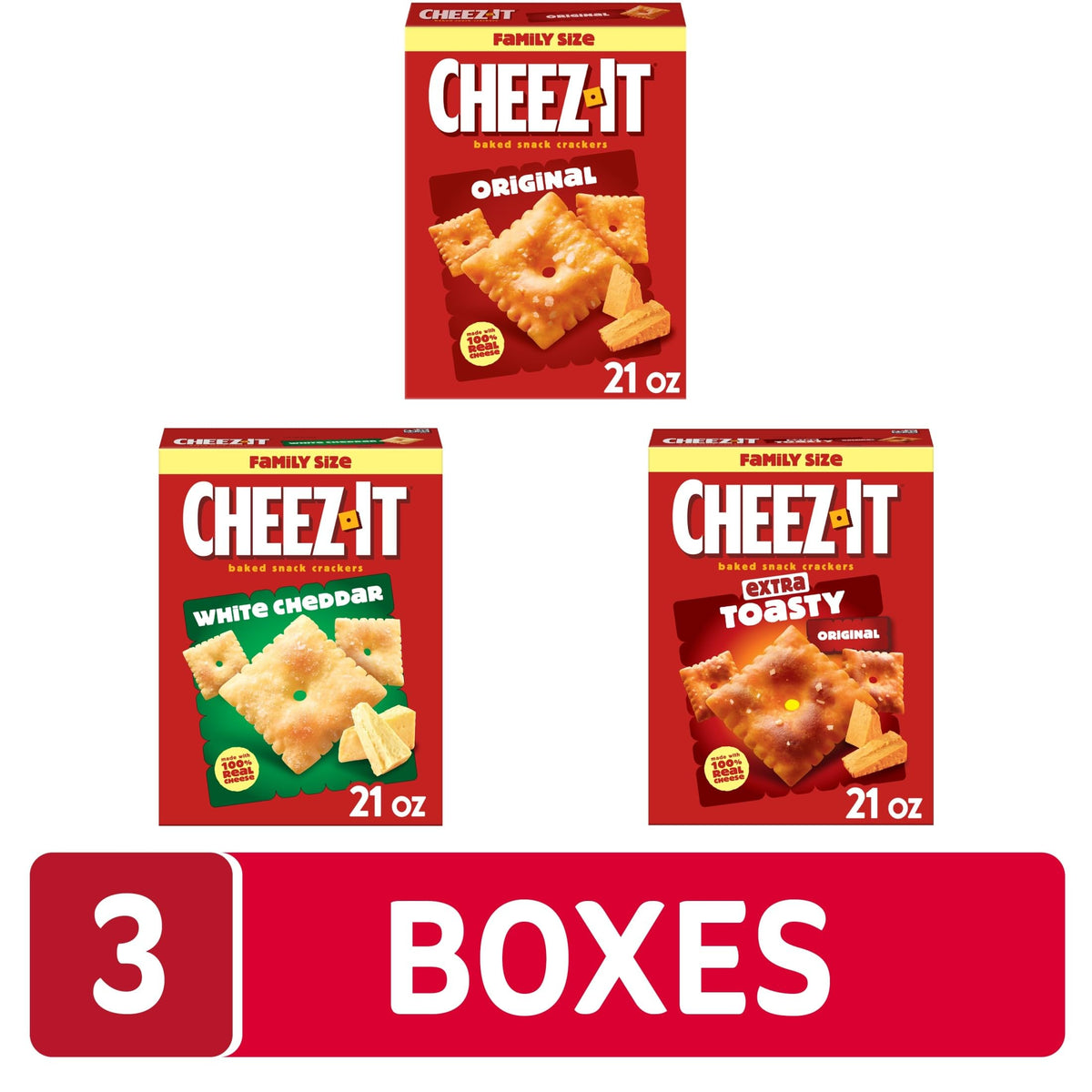Cheez-It Cheese Crackers Variety Pack – Original, White Cheddar & Extra Toasty (3 Boxes) | Family Size