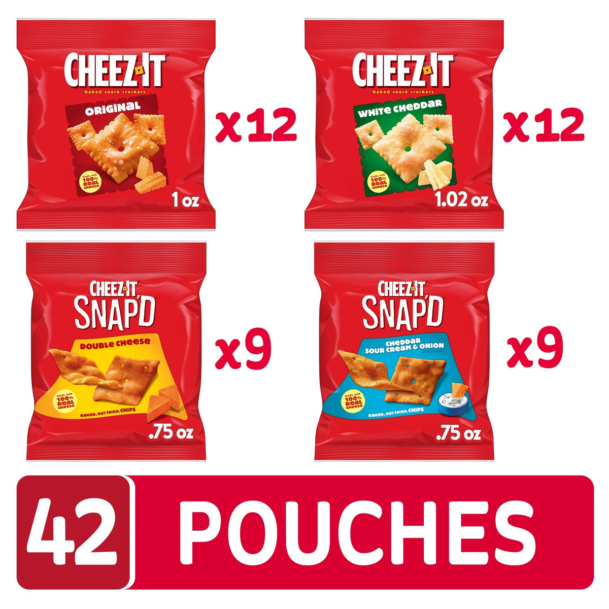 Cheez-It Cheese Crackers Variety Pack – 42 Packs (Original, White Cheddar, Snap'd, Sour Cream & Onion)