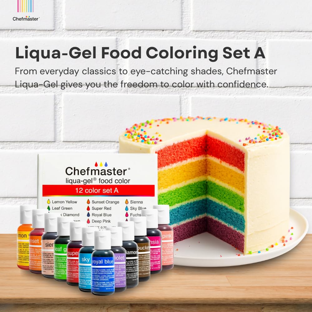 Chefmaster Liqua-Gel Food Coloring — Fade-Resistant, Vibrant 12-Pack, Easy-To-Blend Formula