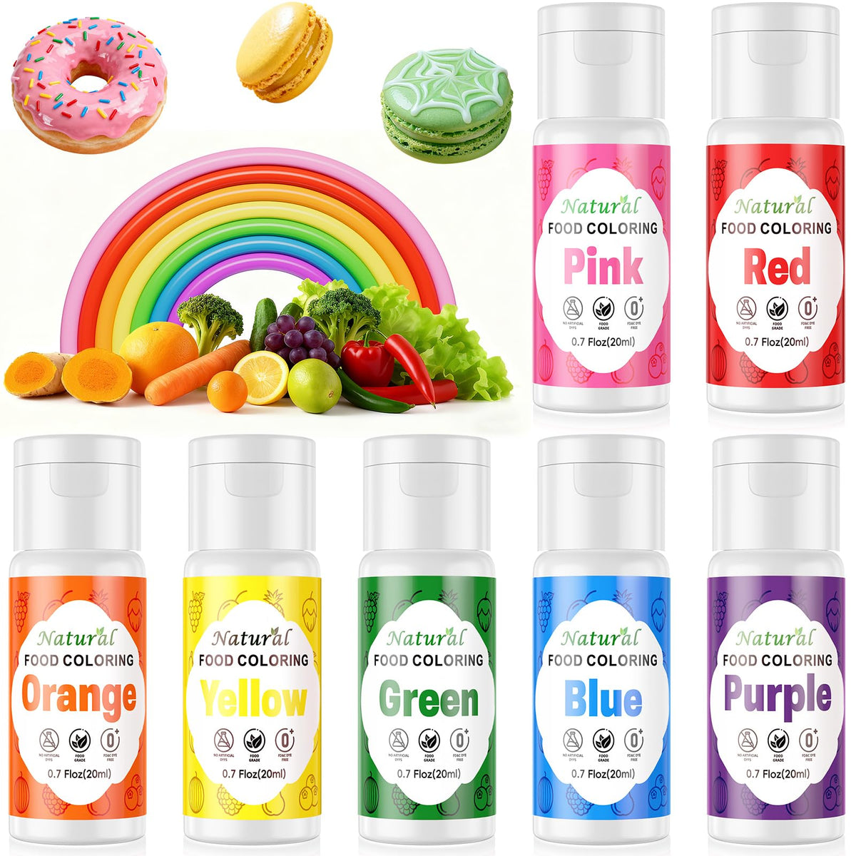 Cherrysea Natural Food Coloring Set 7x20ml — FD&C-Free Rainbow Dyes for Baking