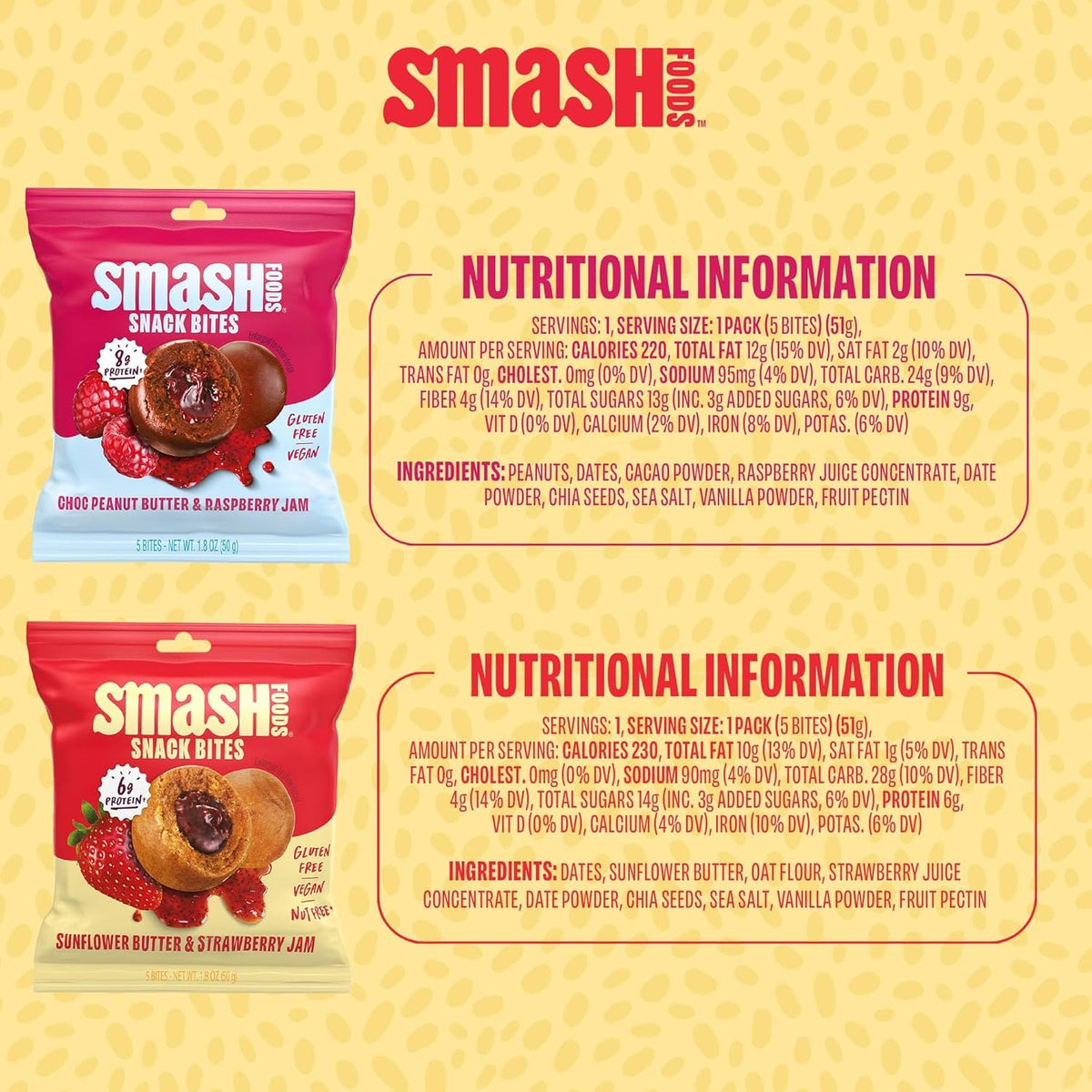 Chia Smash Smash Bites: Gluten-Free Vegan PB&J Protein Snack (8 Packs)
