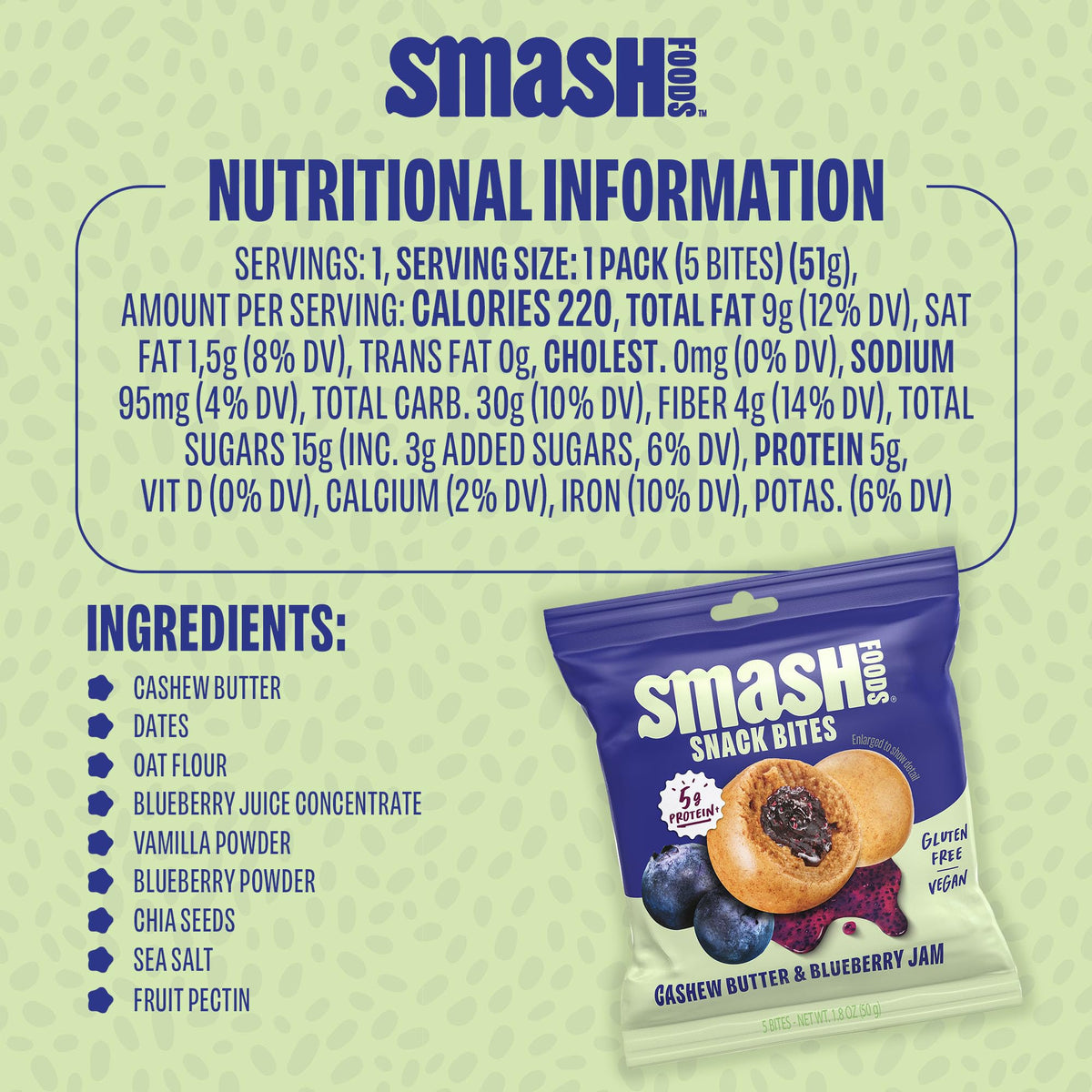 Chia Smash Blueberry & Cashew Butter Snack Bites – Gluten Free & Vegan Protein Balls | 8 Packs