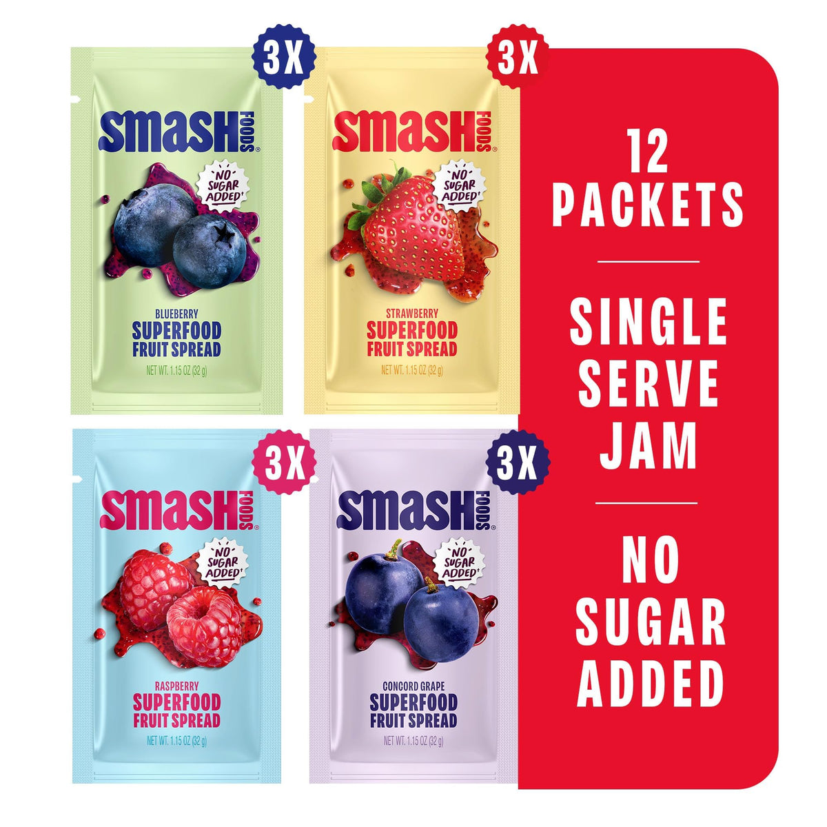 Chia Smash Smash Foods: Single-Serve Jam Packets | Variety 12-Pack | No Sugar Added, Keto & Vegan