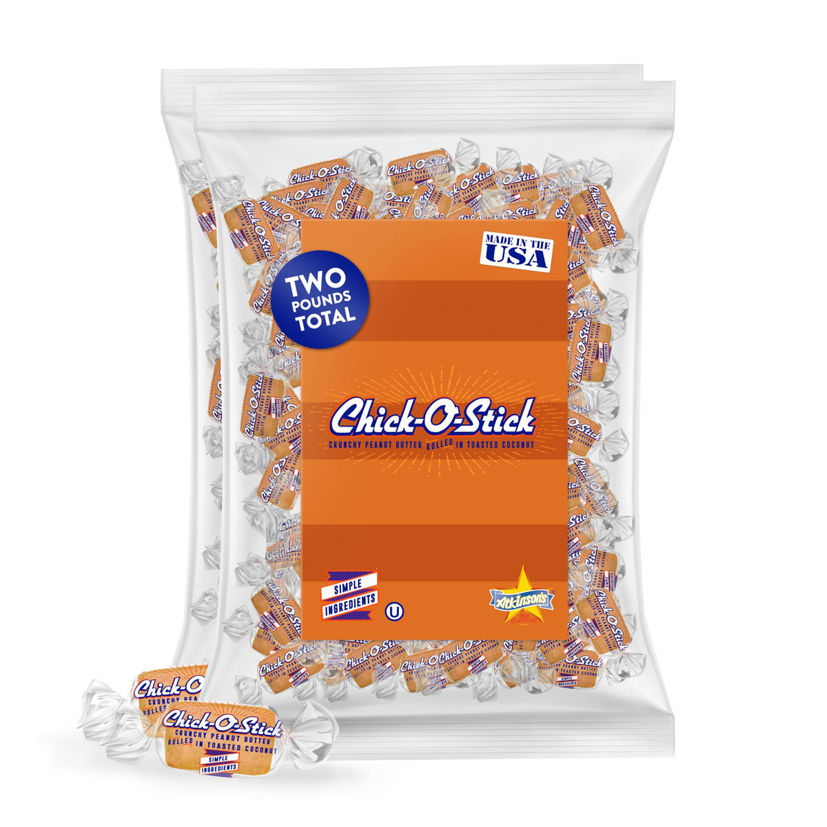 Atkinson's Chick-O-Stick - Crunchy Peanut Butter Candy Rolled in Toasted Coconut - Gluten Free, Kosher, Vegan - 2 lb Laydown Bag