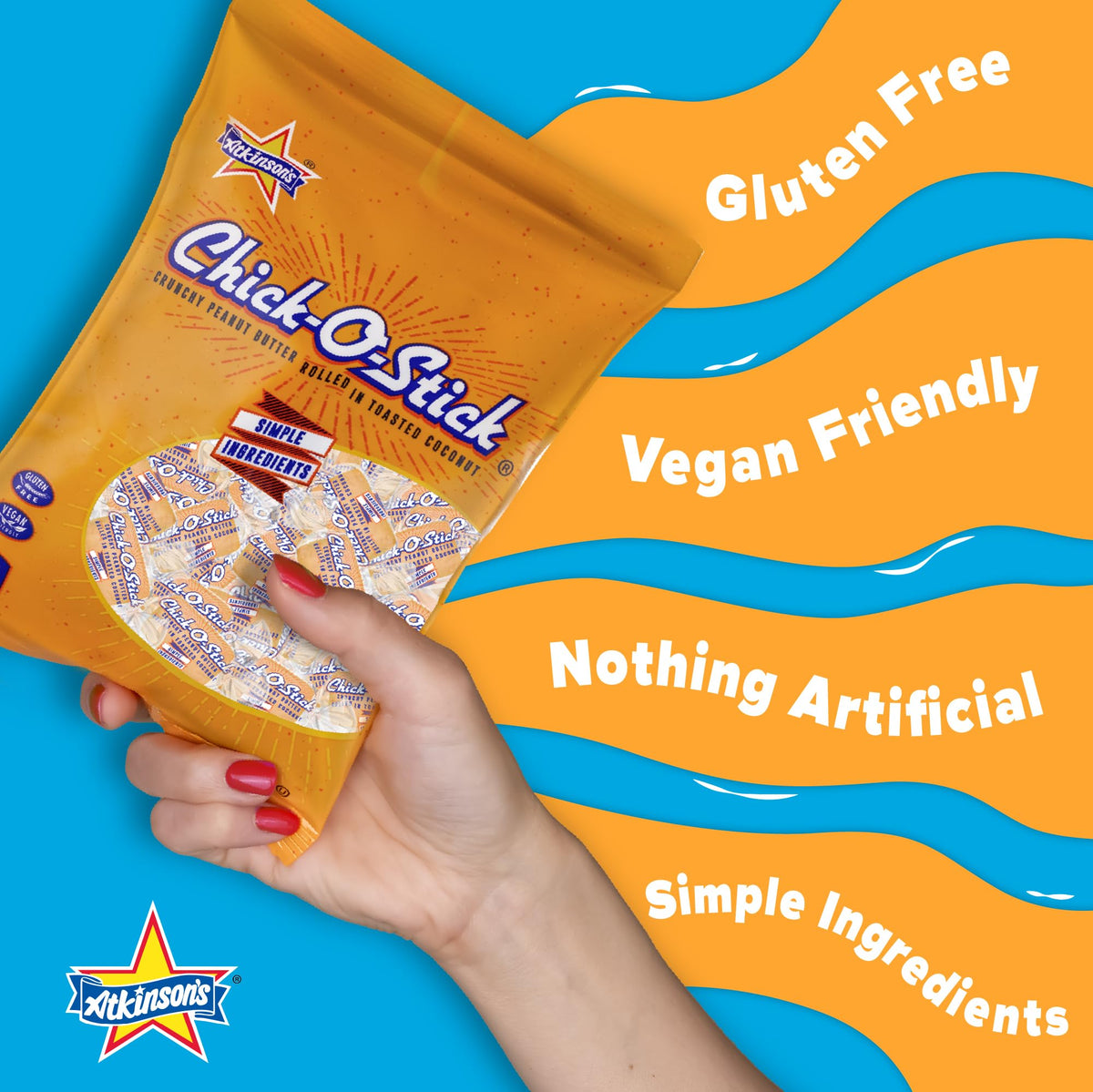 Atkinson's Chick-O-Stick – Crunchy Peanut Butter Rolled in Toasted Coconut | Gluten Free, Kosher, Vegan – 0.7 oz Candy Bar (36 Count)