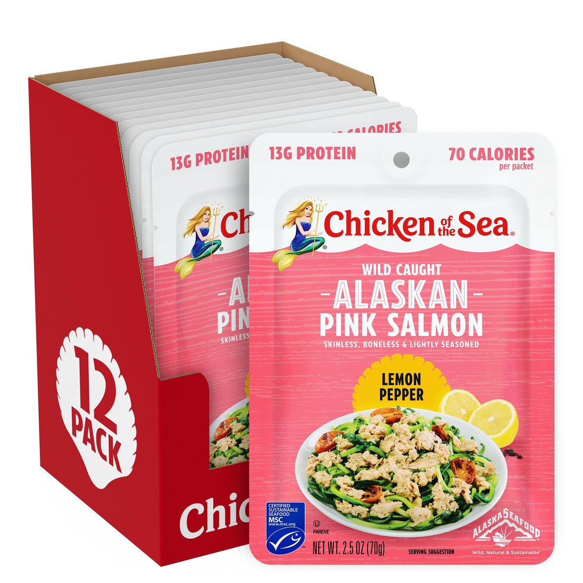 Chicken of the Sea Alaskan Pink Salmon with Lemon Pepper – 2.5 oz Pouches (12 ct) | Wild-Caught & MSC-Certified