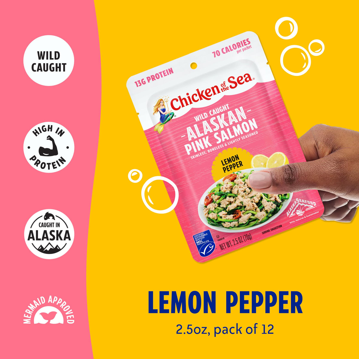 Chicken of the Sea Alaskan Pink Salmon with Lemon Pepper – 2.5 oz Pouches (12 ct) | Wild-Caught & MSC-Certified