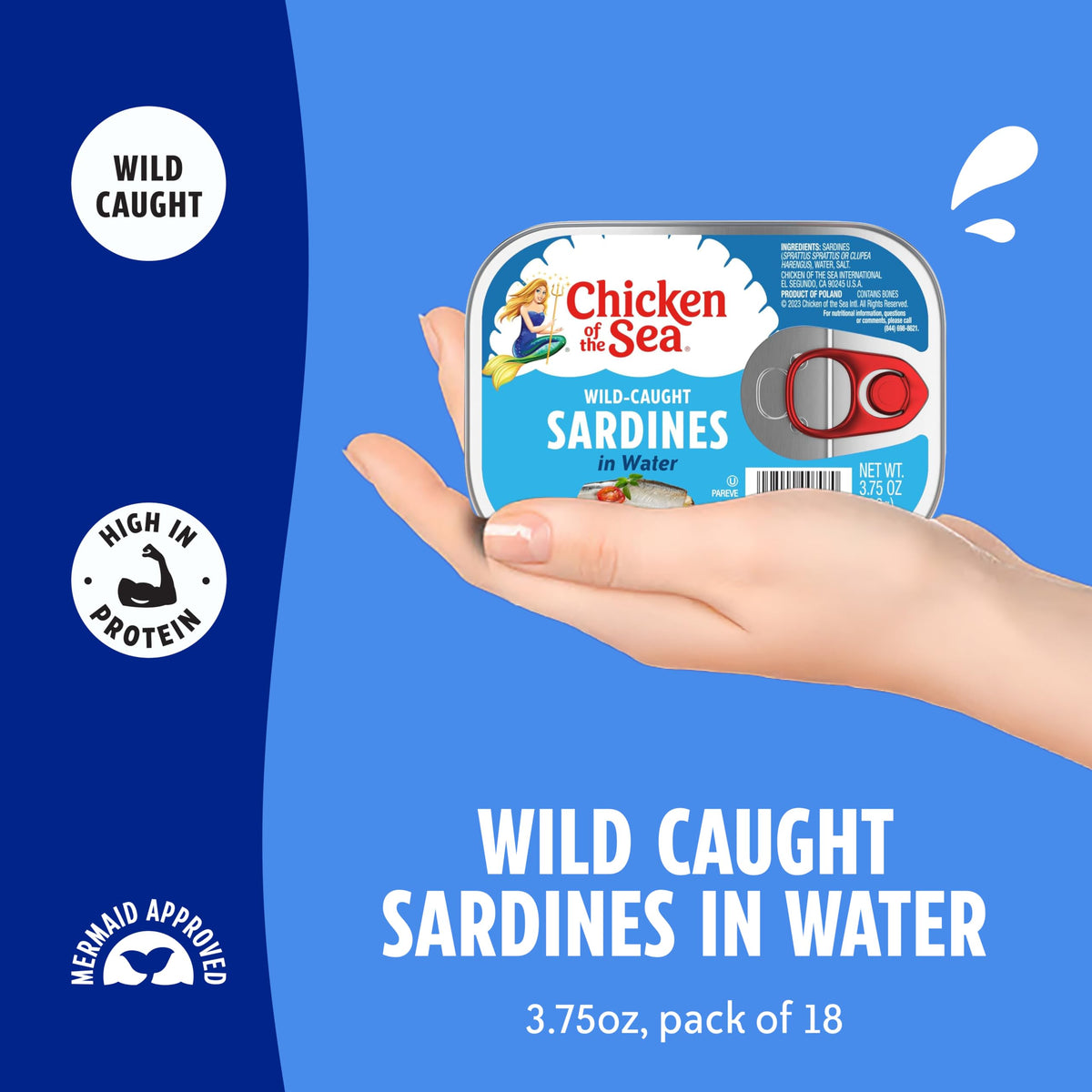Chicken of the Sea Wild Caught Sardines in Water – 18-Count, 3.75 oz Cans | High Protein & Omega-3