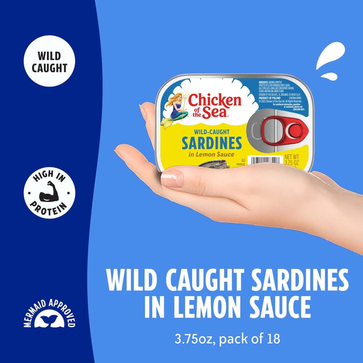 Chicken of the Sea Wild Caught Sardines in Lemon Sauce – 3.75 oz Cans, 18-Count, High-Protein Omega-3 Sardines