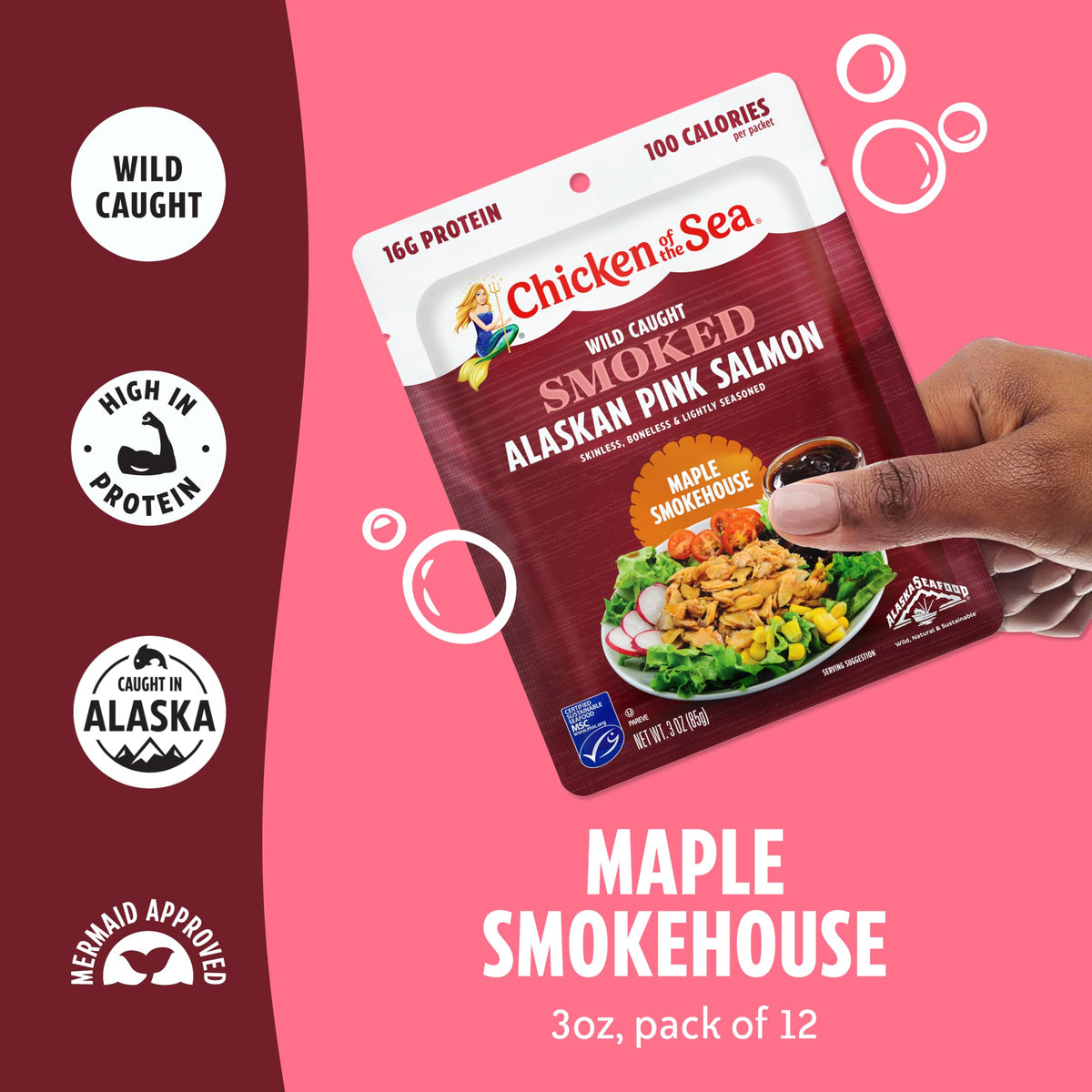 Chicken of the Sea Smoked Alaskan Pink Salmon Maple Smokehouse, 3 oz Packets, 12-Pack