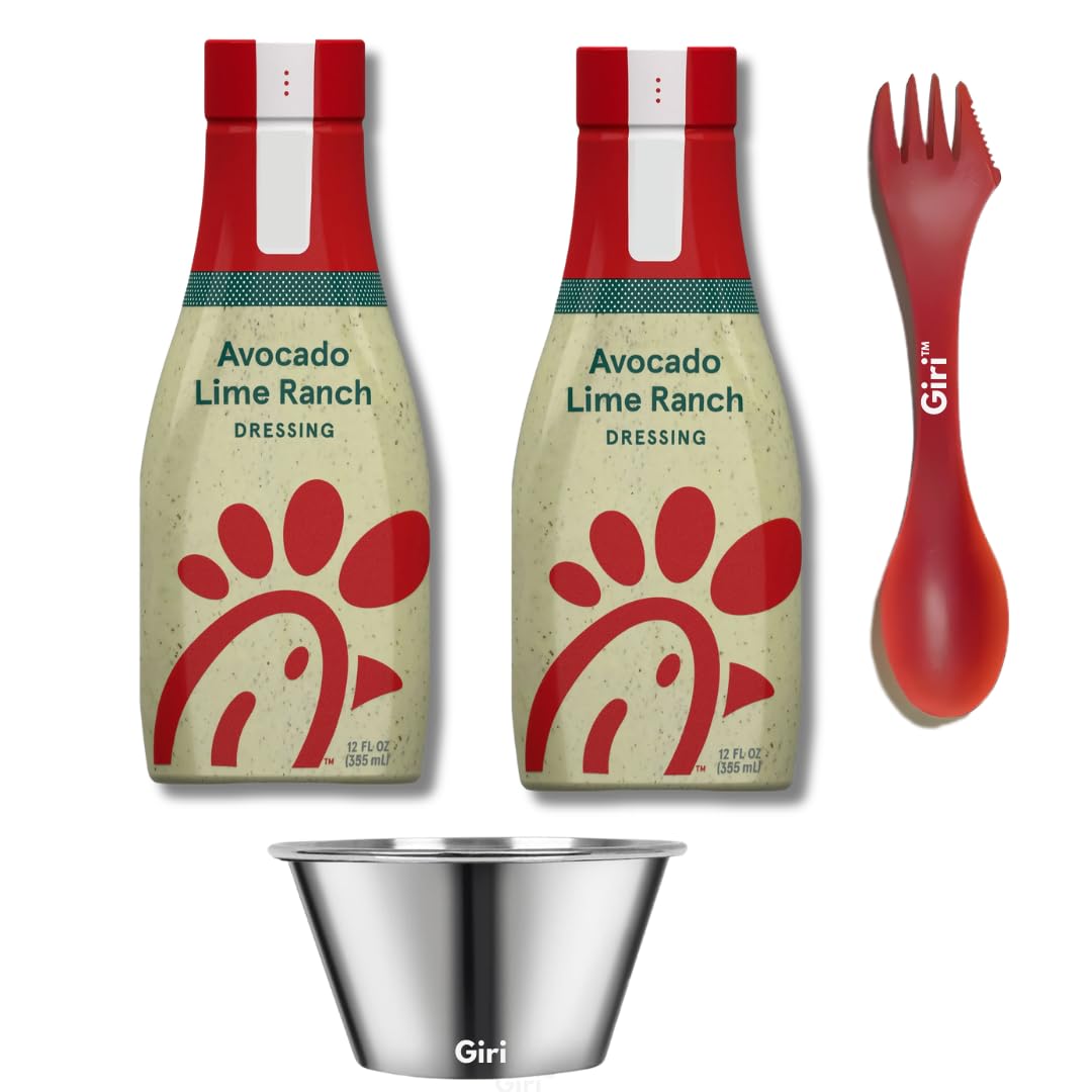 Giri 3-Item Bundle: chikfila Avocado Lime Ranch Dressing 12oz (2-pack) + Plastic Spork + Stainless Steel Condiment Cup