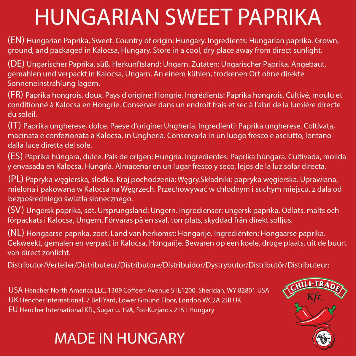 CHILI-TRADE Kft Hungarian Sweet Paprika – 17.6oz / 500g Imported from Kalocsa