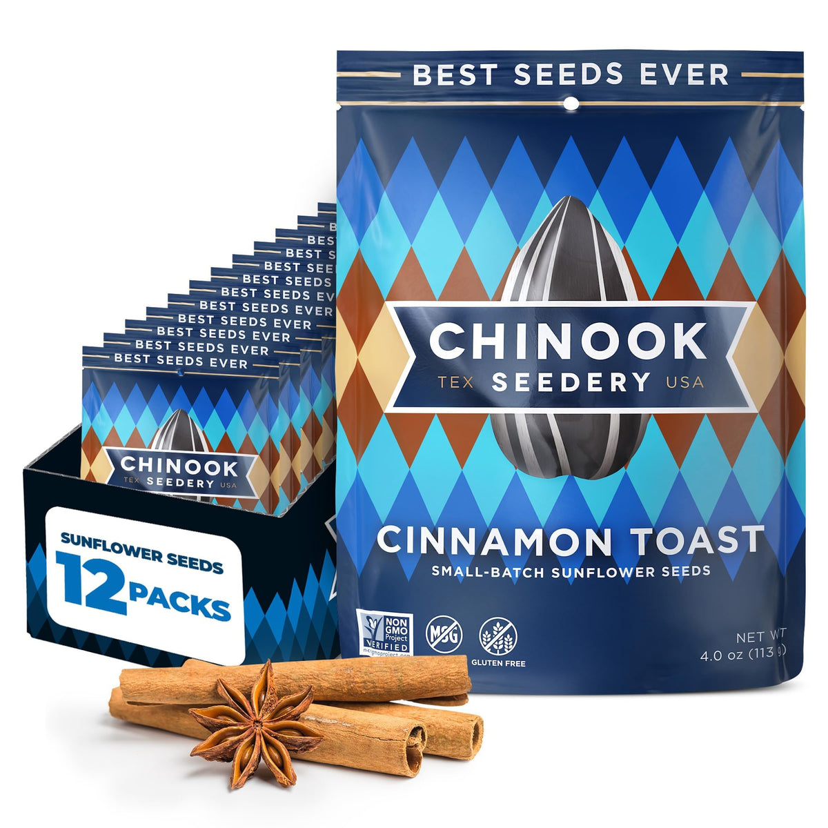 Chinook Seedery Cinnamon Toast Sunflower Seeds — Roasted, Low-Sodium, Keto Friendly, Gluten-Free, Non-GMO — 4 oz (12-Pack)