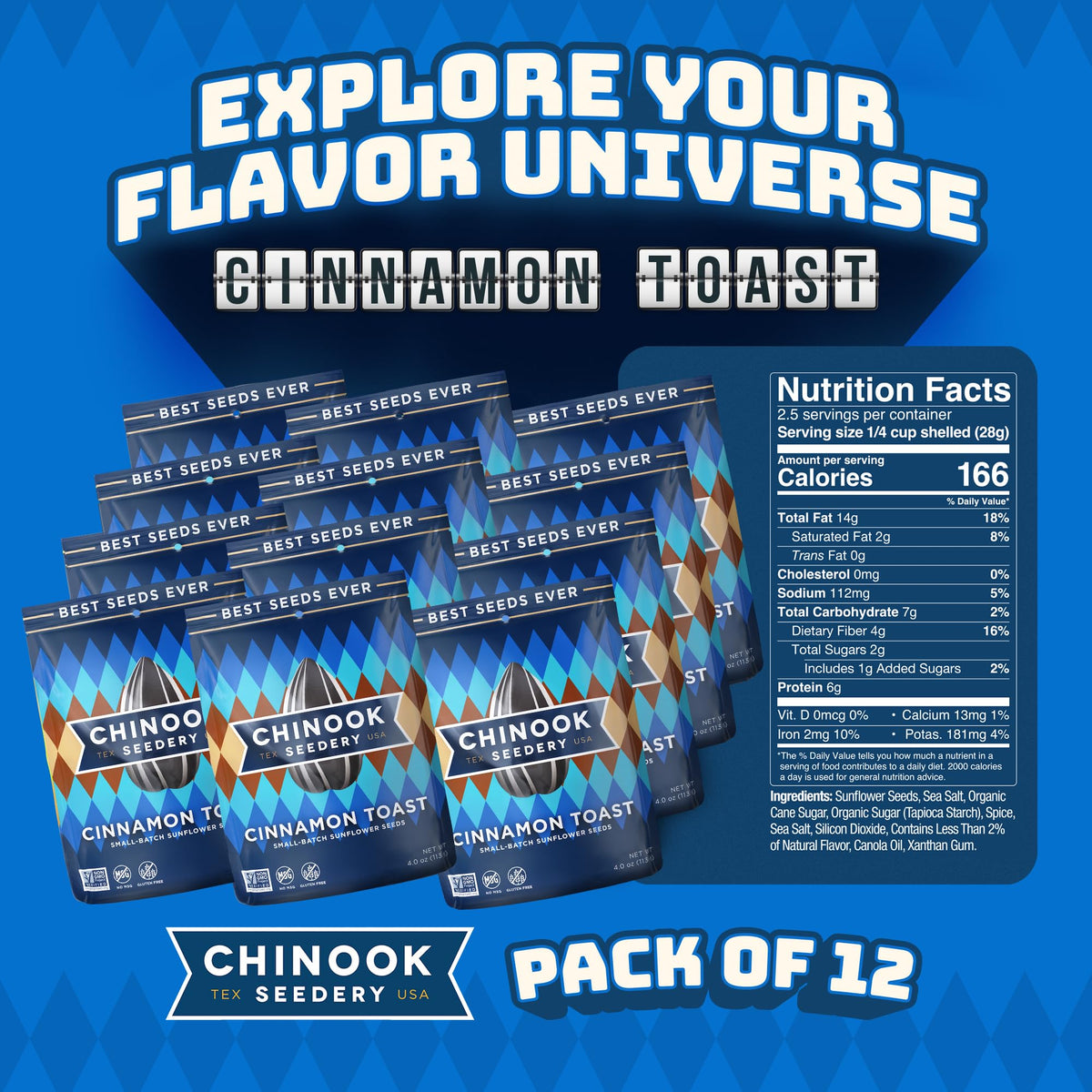 Chinook Seedery Cinnamon Toast Sunflower Seeds — Roasted, Low-Sodium, Keto Friendly, Gluten-Free, Non-GMO — 4 oz (12-Pack)