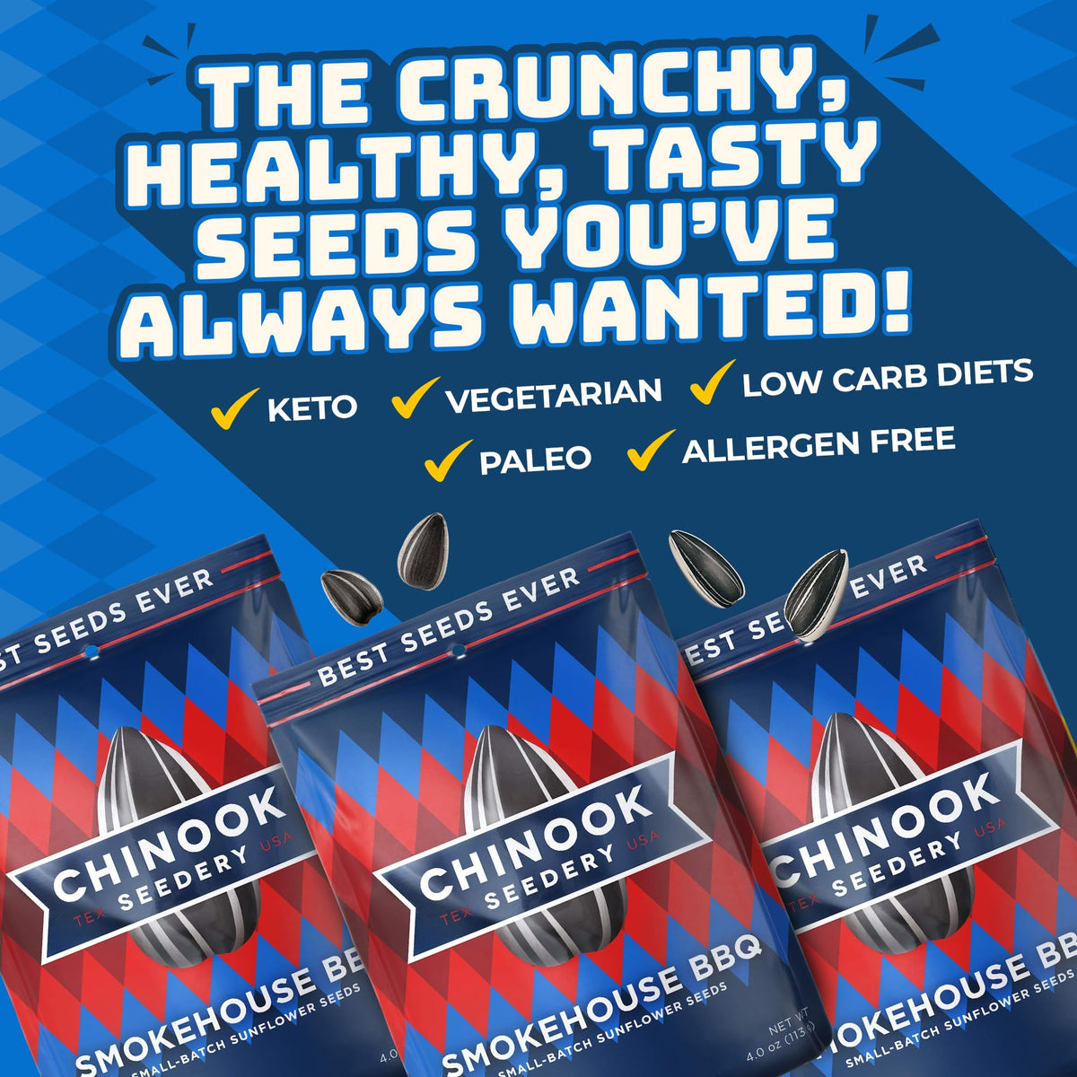 Chinook Seedery Sunflower Seeds to Eat — Smokehouse BBQ Flavor, Low Sodium, Keto Friendly, 4 oz (12-Pack)