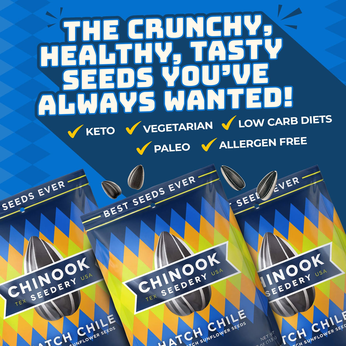 Chinook Seedery Sunflower Seeds to Eat — Hatch Green Chile Roasted Snack, Low Salt, Keto-Friendly, Gluten-Free, Non-GMO — 4 oz (12-Pack)