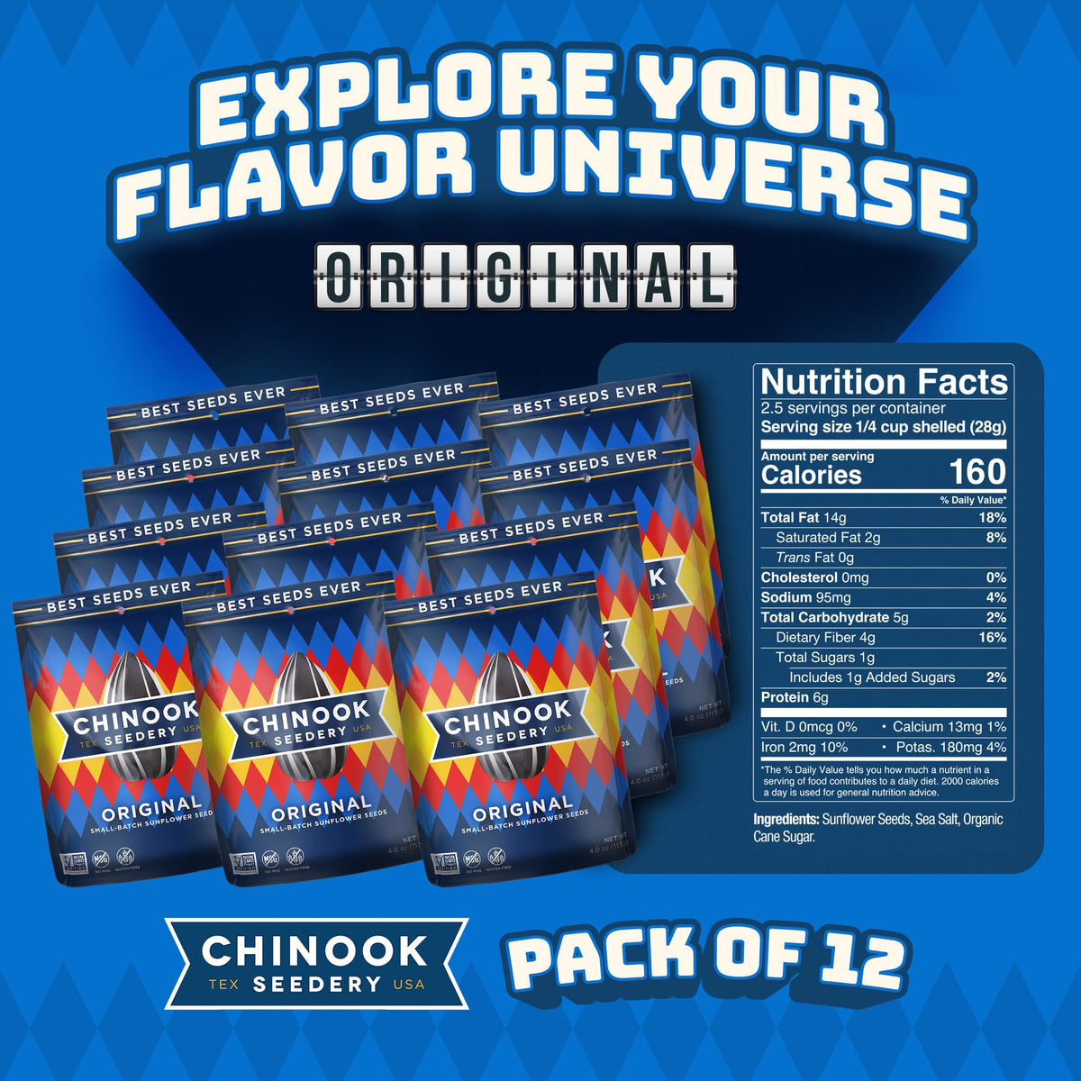 Chinook Seedery Sunflower Seeds to Eat — Jumbo Original, Roasted, Low Sodium | Keto, Gluten-Free, Non-GMO