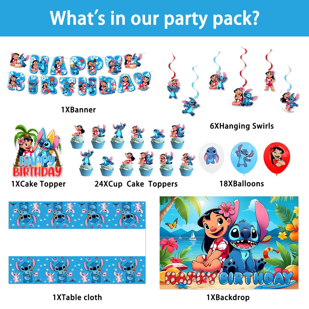 Chinovi Stitch Party Supplies - Birthday Decorations Set with Banner, Backdrop, Balloons, Swirls, Toppers & Tablecloth