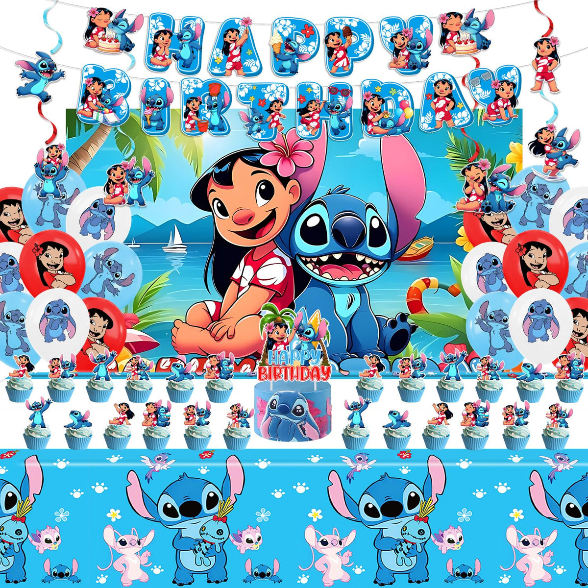 Chinovi Stitch Party Supplies - Birthday Decorations Set with Banner, Backdrop, Balloons, Swirls, Toppers & Tablecloth
